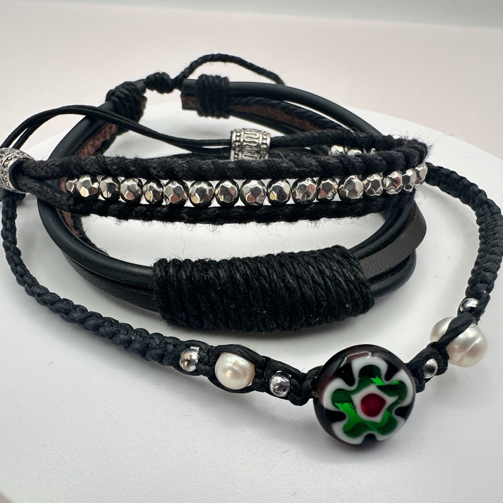 Vintage 90s Black Leather Glass Bead Bracelets Set Silver Tone Adjustable Boho